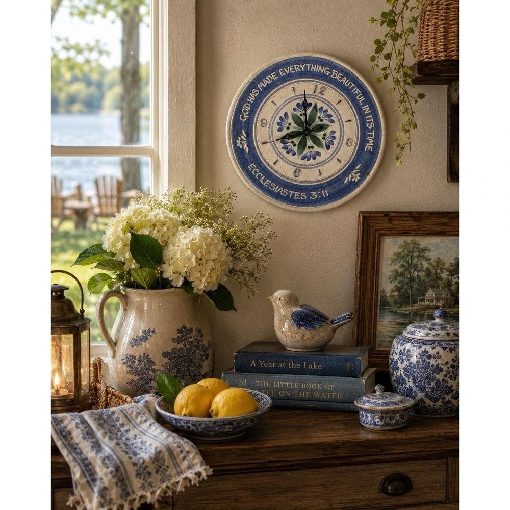 Freestone Pottery Wall Clock Ecclesiastes 3:11 Blue Floral Work 2004 Cottagecore
